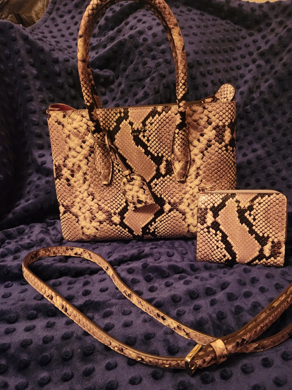 kate spade Snake-Print Beige and Black Satchel with Wallet And Crossbody Strap